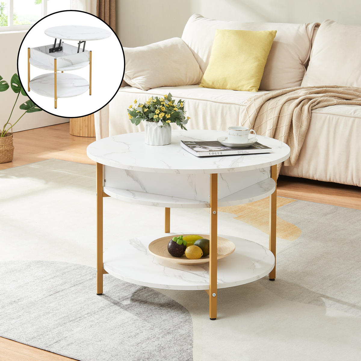 COUCHTISCH Kandas 70/49 cm - Goldfarben/Weiß, Holzwerkstoff/Metall (70/70/49cm) - [en.casa]