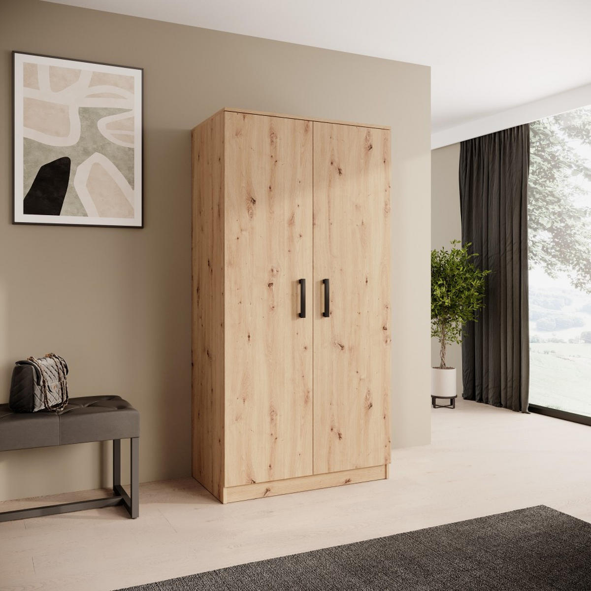 DREHTÜRENSCHRANK Trend, ohne Schubladen, eiche Artisan - Schwarz/Eiche Artisan, Holzwerkstoff (90/180/50cm) - Beautysofa