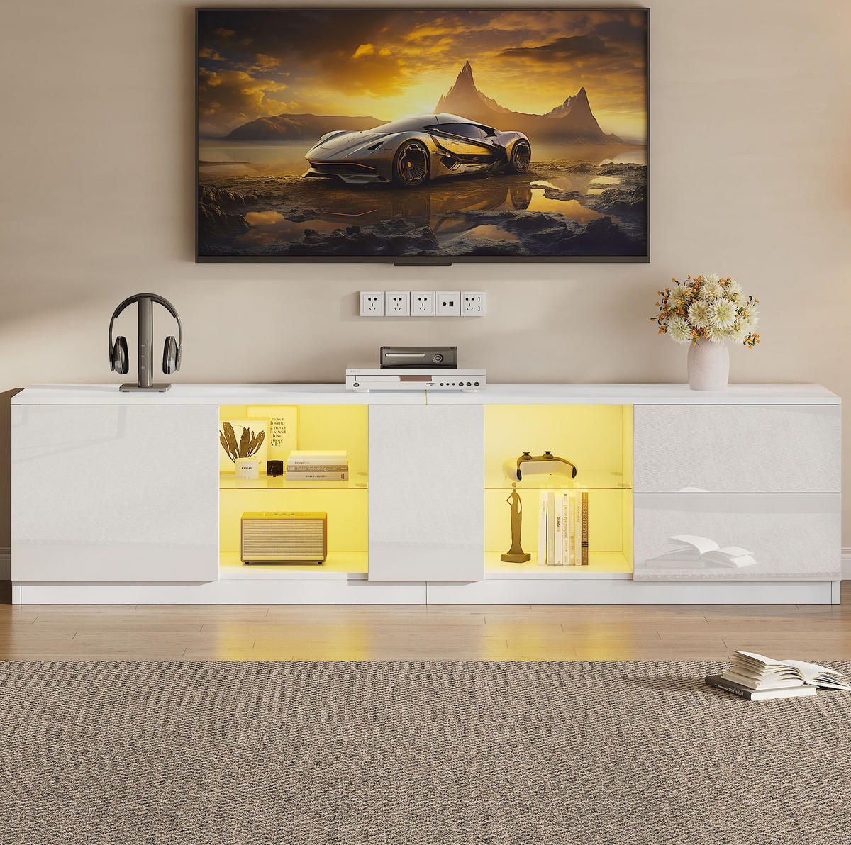 TV-ELEMENT mit LED 160 x 40 x 52 cm Weiß Hochglanz - Weiß, Holzwerkstoff (40/52/160cm) - Beauniv
