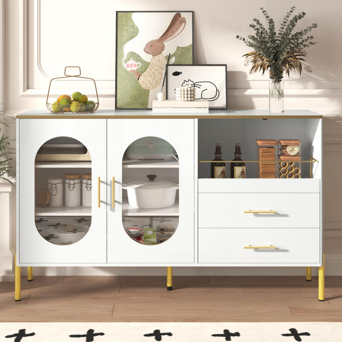SIDEBOARD in Weiß mit goldenen Griffen und Beinen, 2 Schubladen und 2 Glastüren, 140/38/90 cm, Weiß - Weiß, Holzwerkstoff (120/90/38cm) - Redom