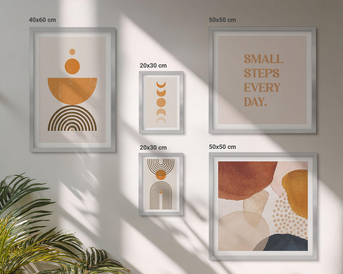 BILDER SET 5er Set - 50x50 cm & 20x30 cm & 40x60 cm Silberner Rahmen - Boho-minimalistische Dekorationen - Silberfarben, Kunststoff (40/60cm) - TULUP