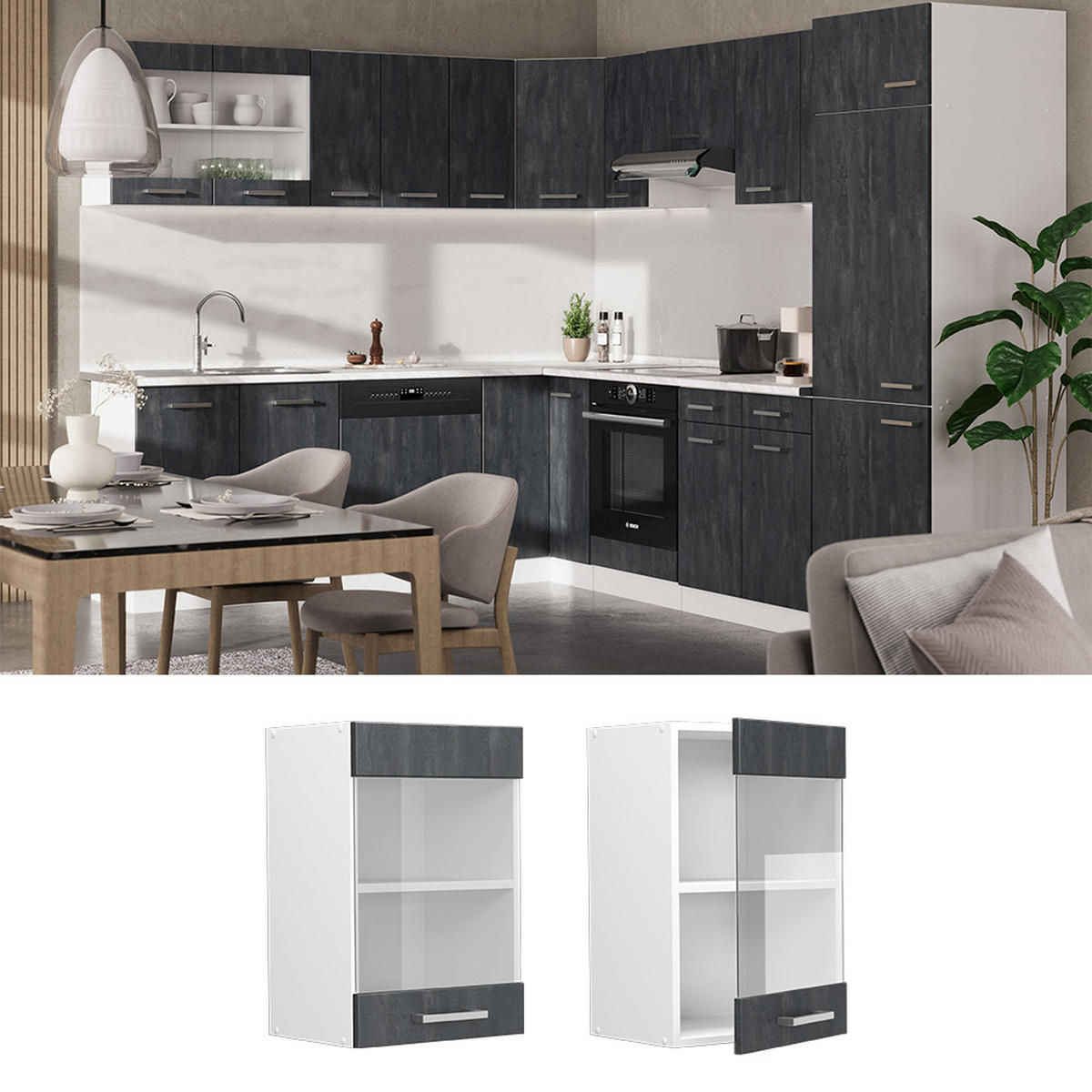 KÜCHENGLASSCHRANK R-Line Schwarz Beton 40 cm - Schwarz/Weiß, Holzwerkstoff (40/60/31cm) - Vicco