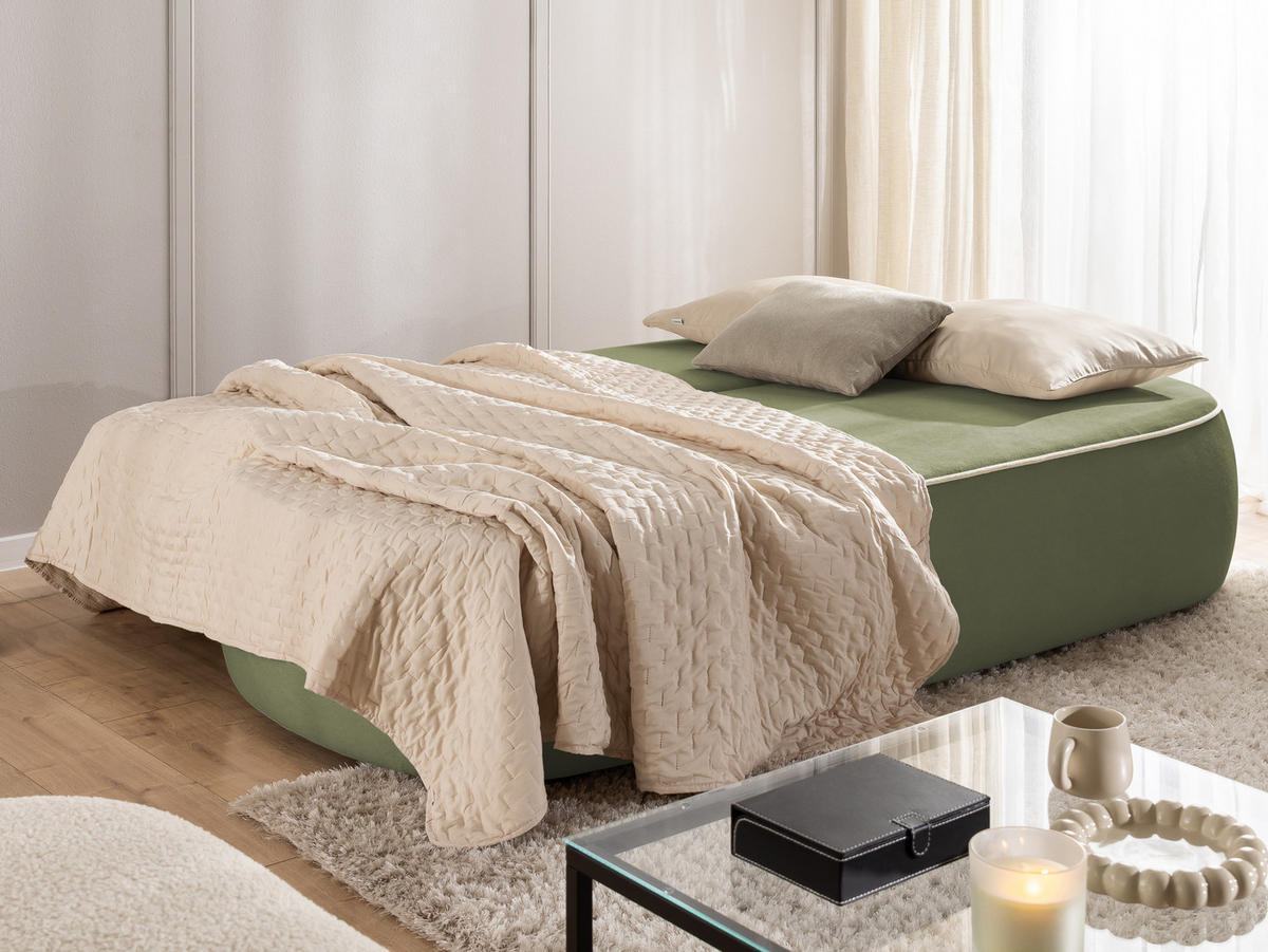 SCHLAFSOFA Vero im modernen und abgerundeten Design mit Bettkasten aus Olivgrün Plüschstoff mit beiger Paspel - Schwarz/Olivgrün, Holz/Kunststoff (210/90/98cm) - S-Style Möbel