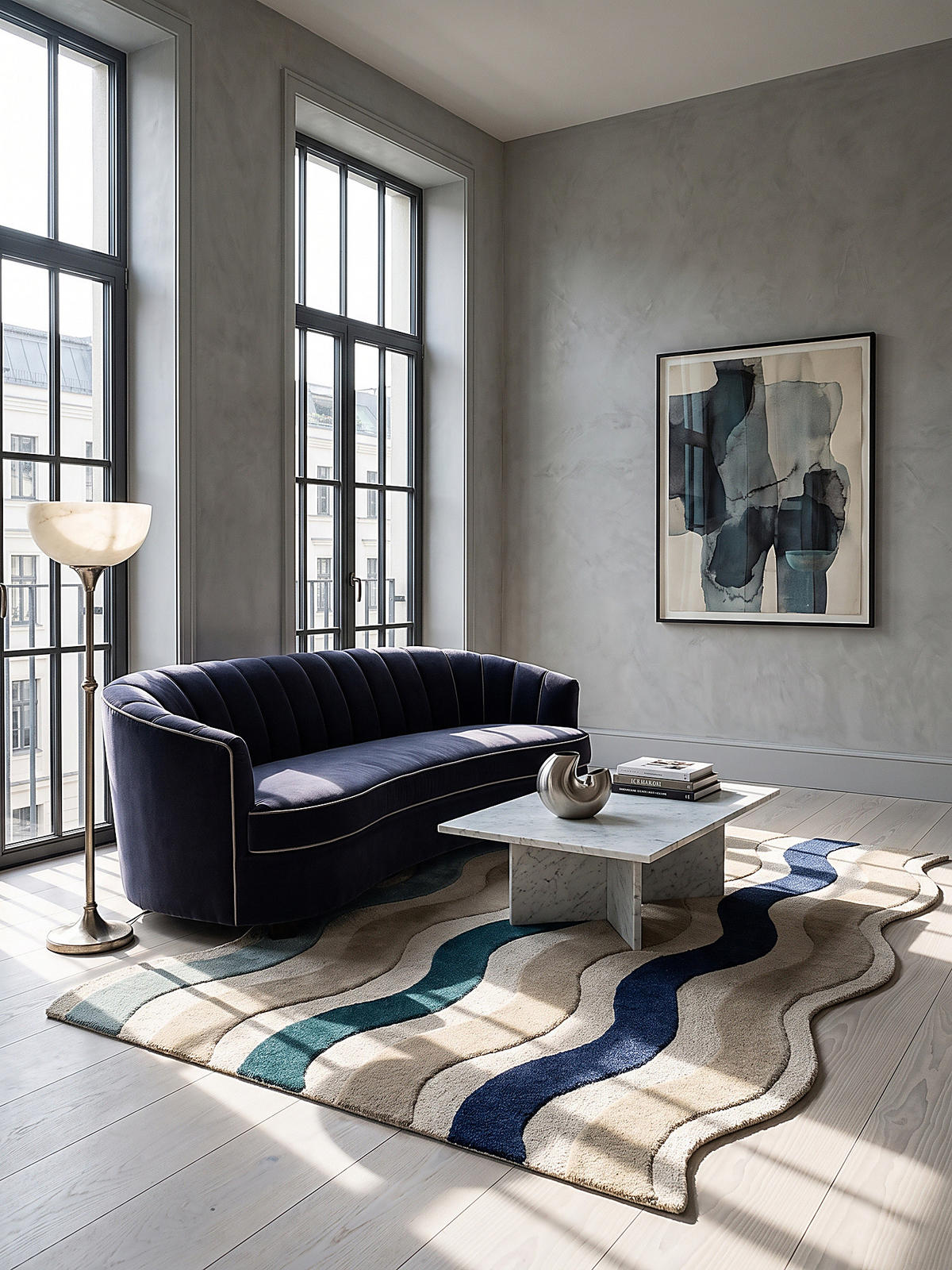 TEPPICH aus Wolle, handgetuftet, MONNOW, in Natur-Blau, Wellenstreifen, 200 x 290 cm - Beige, Textil (200/290cm) - KADIMA DESIGN