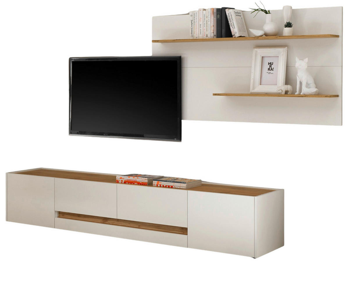 WOHNWAND 2-teilig weiß, Eiche Wotan 300 cm, Schrankwand mit XL-Lowboard - Eiche Wotan/Schwarz, Glas/Holz (300/180/45cm) - Furn.Design