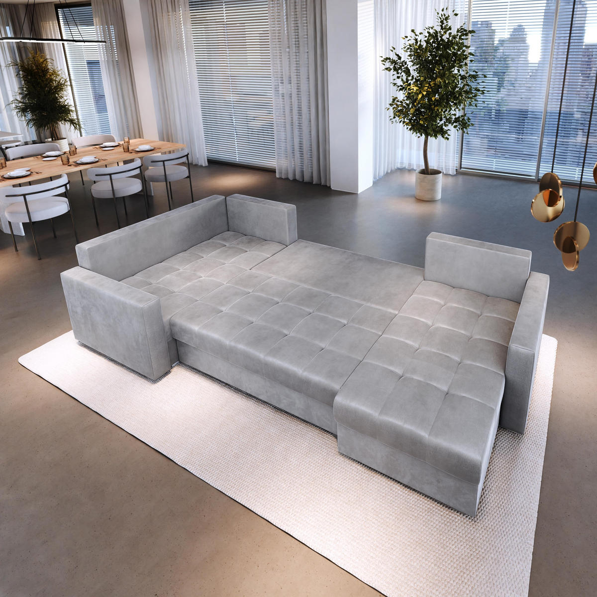 WOHNLANDSCHAFT LORIVO L-S Braun Plüsch-Stoff mit Schlaffunktion - Braun, Holz (285/85/150cm) - MASSENO
