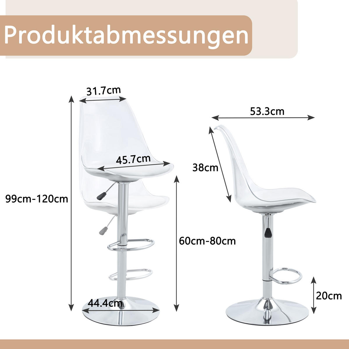 BARHOCKER 2er-Set Silber & Transparent Höhenverstellbar Drehbar mit PU-Leder - Silberfarben, Metall (45.7/99/53.3cm) - PANGIVO