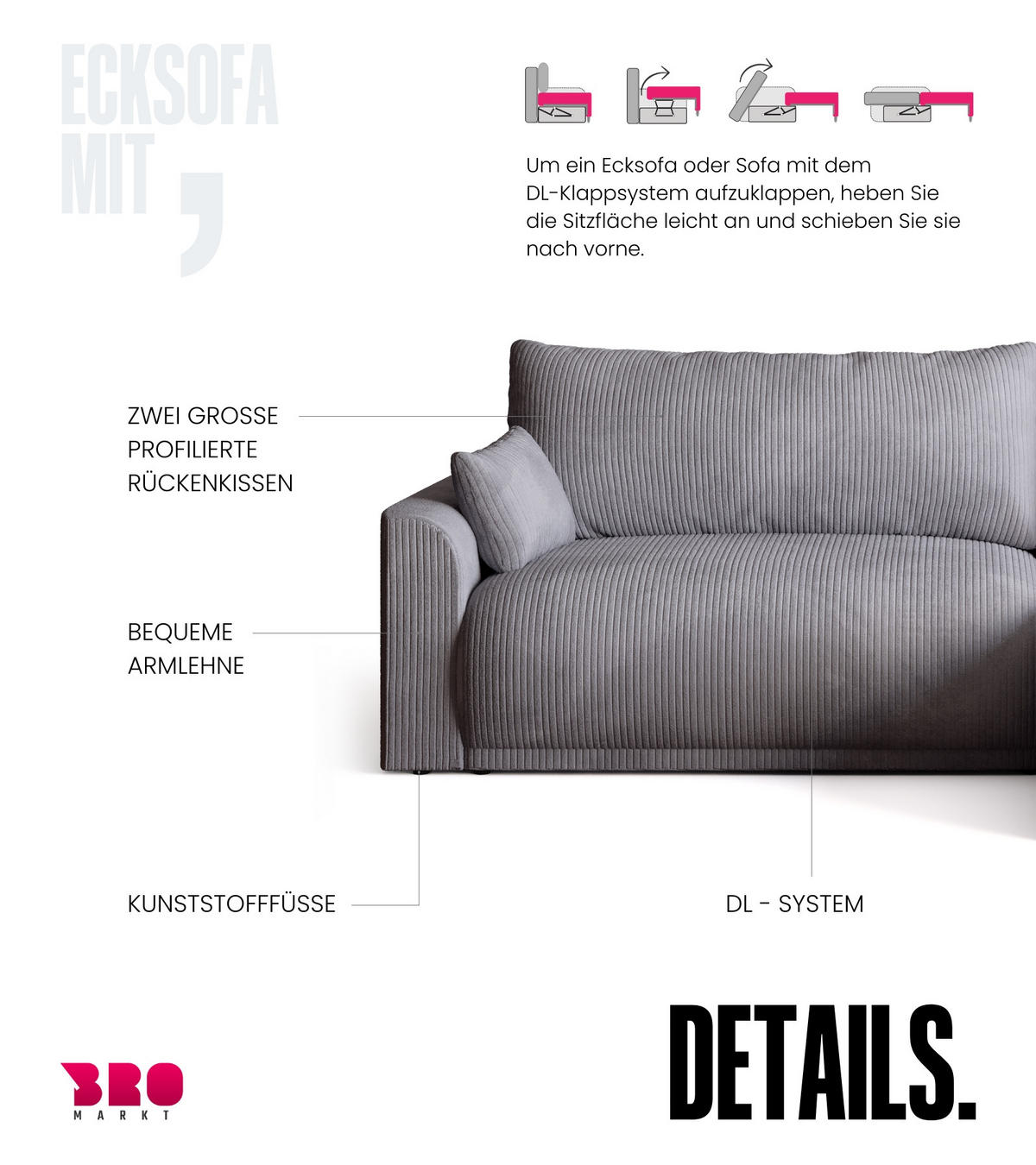 ECKSOFA MORENO mit Schlaffunktion Hellgrau Cord - Hellgrau, Textil (262/160cm) - Bromarkt