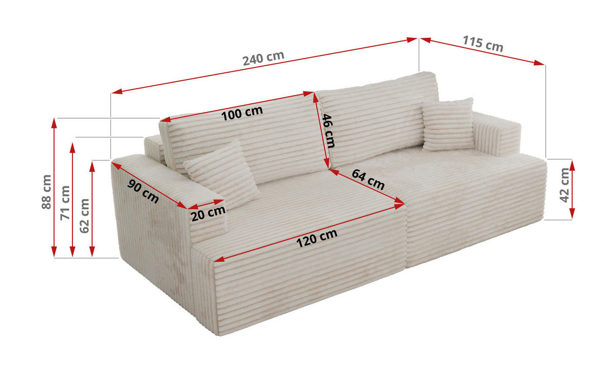 4-SITZER SOFA VIRELLA Beige Cord - Beige/Schwarz, Textil (240/88/115cm) - MKS