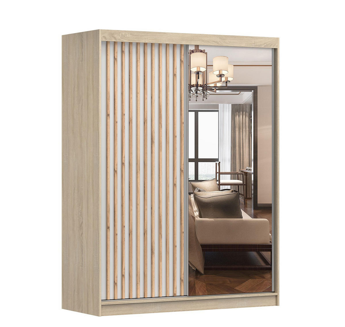 SCHWEBETÜRENSCHRANK Lami B Sonoma Eiche/Weiß + Spiegel, ohne LED Beleuchtung 150 cm - Alufarben/Weiß, Glas/Holzwerkstoff (150/200/61cm) - imoebel24