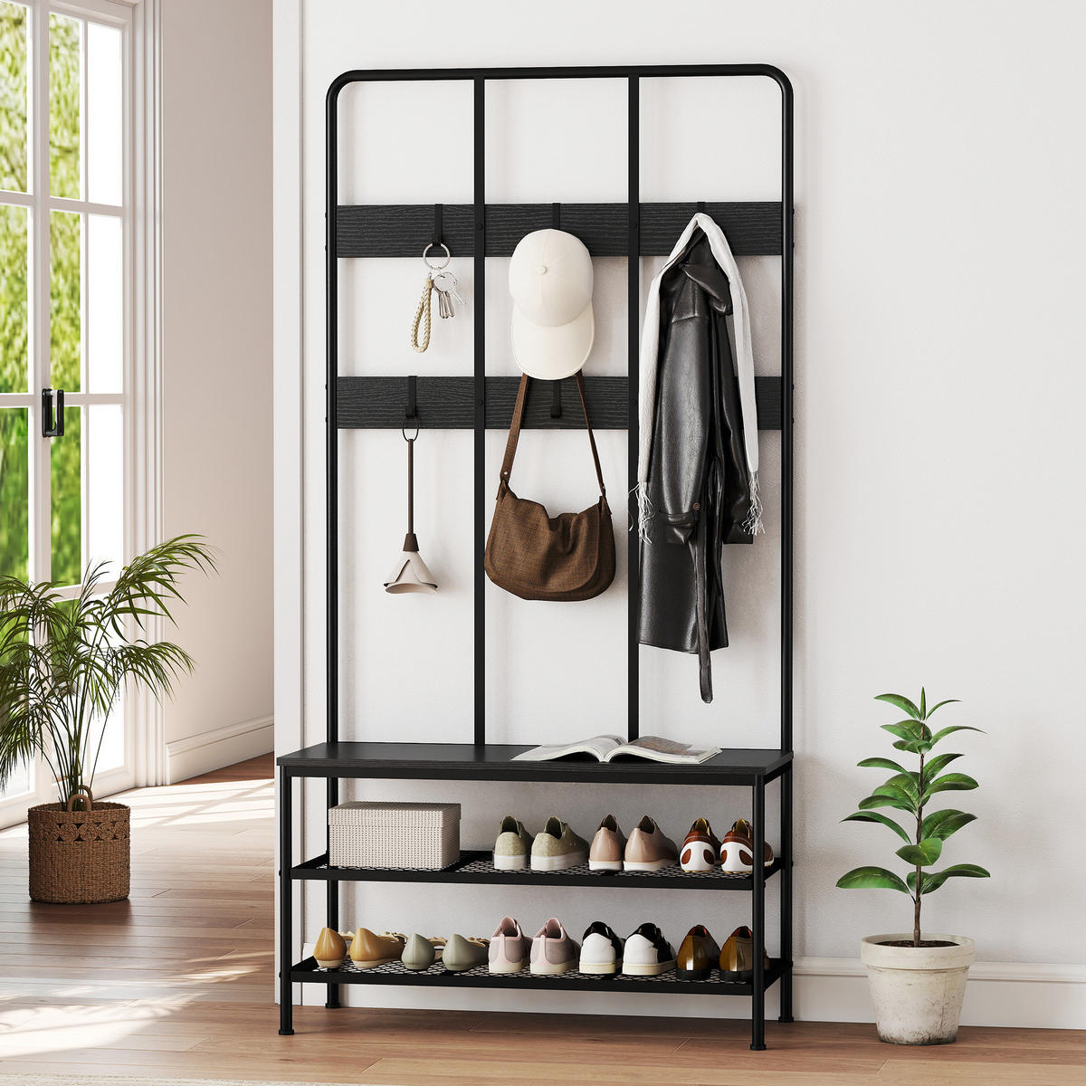 GARDEROBENSTÄNDER 3-in-1 DE-09781 mit Sitzbank und Schuhregal Schwarz - Schwarz, Metall (36/180/91cm) - ComfortXL