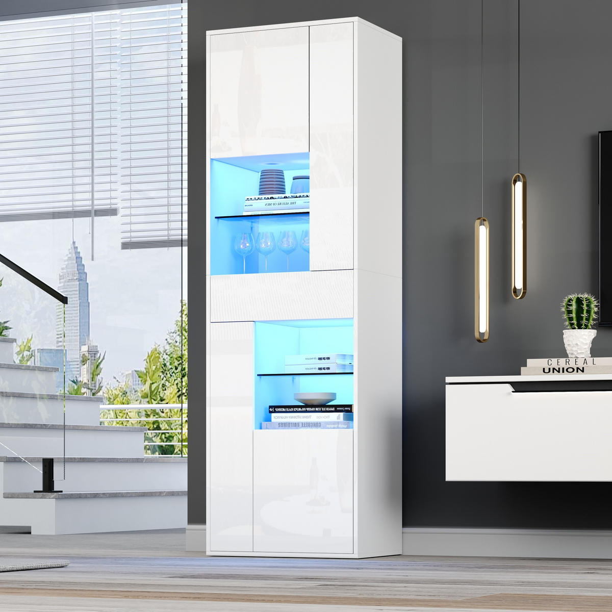 VITRINE weiß mit halboffenem Bereich, verstellbaren Trennwänden und App-gesteuerter LED-Beleuchtung 55 × 38 × 170 cm - Weiß, Holzwerkstoff (55/170/38cm) - Luhomfu