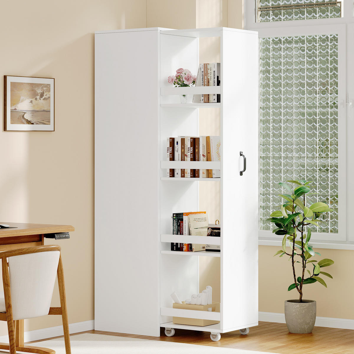 BÜCHERREGAL Schmal 160cm mit Rollen Platzsparend Modern - Weiß, Holzwerkstoff (40/160.5/30cm) - FLIEKS