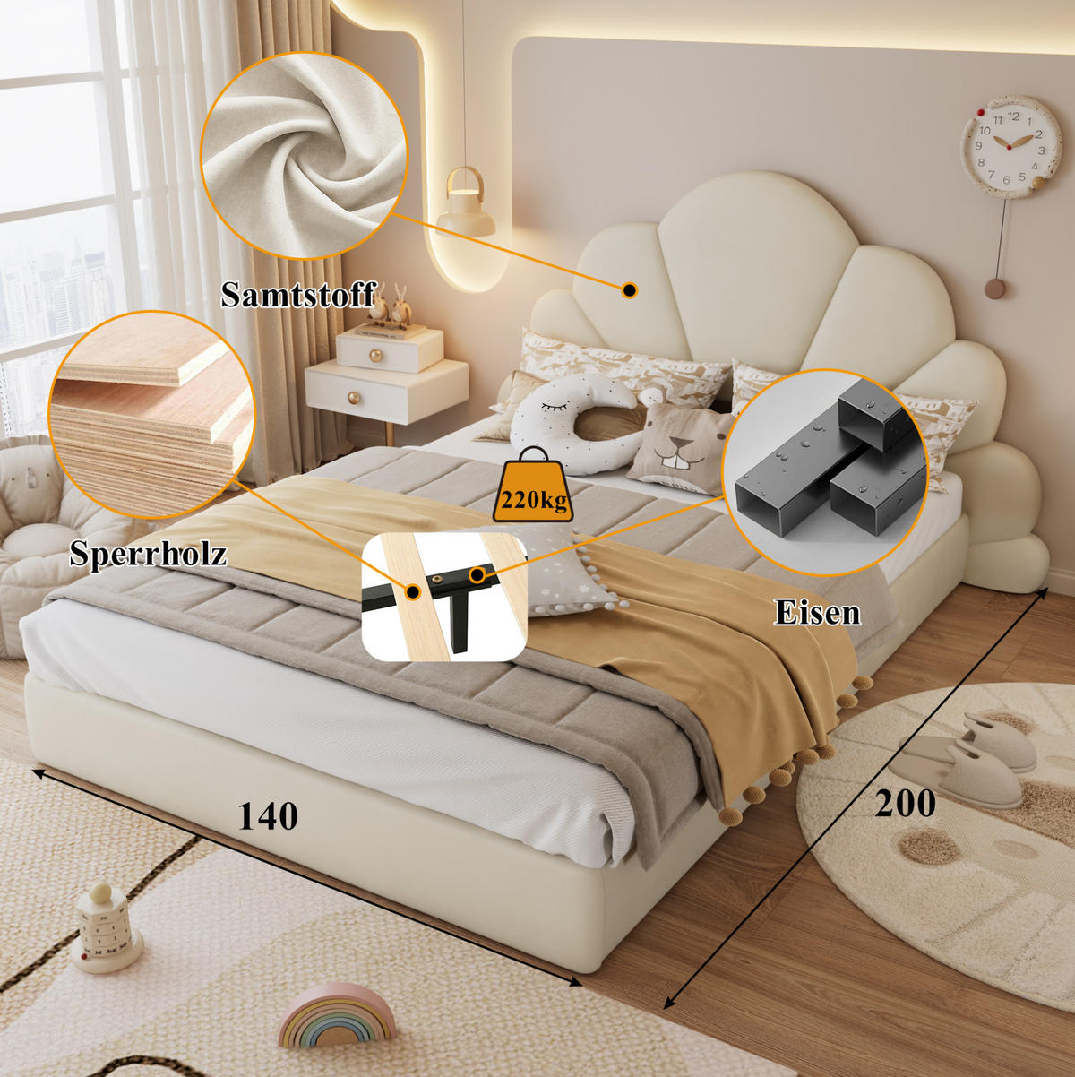 POLSTERBETT 140/200 cm Beige Samt mit Blüten-Kopfteil und rutschfestem Stand - Beige, Textil (140/200cm) - OKWISH