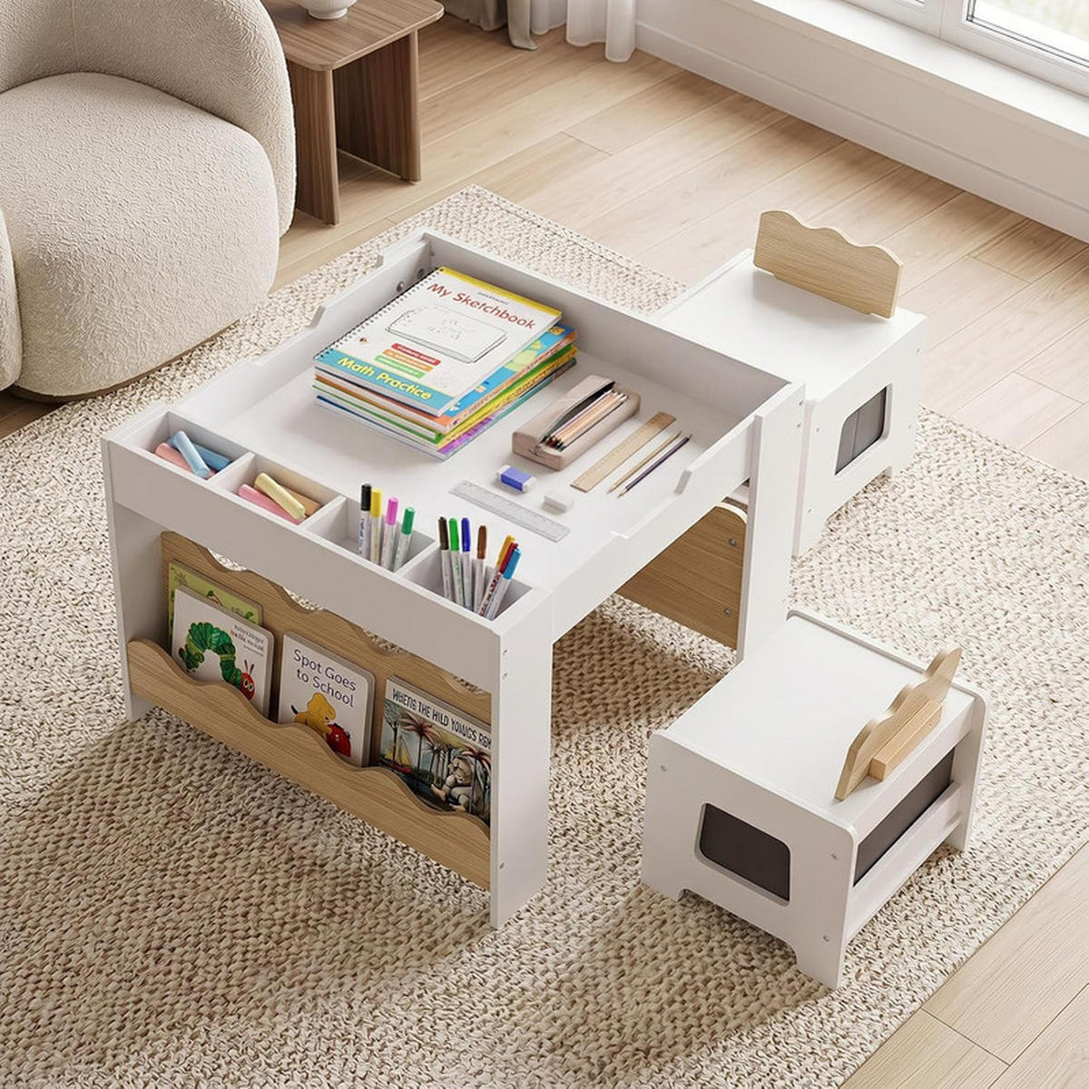 KINDERTISCH mit Stuhl natur(3-tlg) - Naturfarben, Holzwerkstoff (66/48/64cm) - COSTWAY