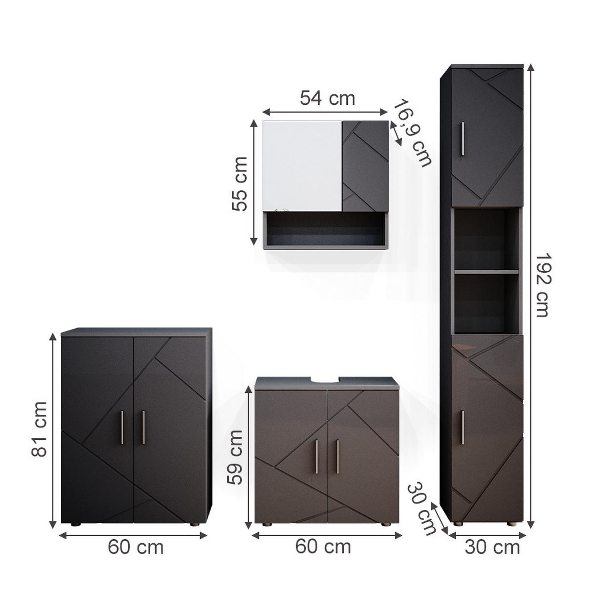 BADMÖBEL-SET Irma Anthrazit Hochglanz 4 Teile mit Hochschrank und Kommode - Anthrazit, Holzwerkstoff (80/58.6/41cm) - Vicco