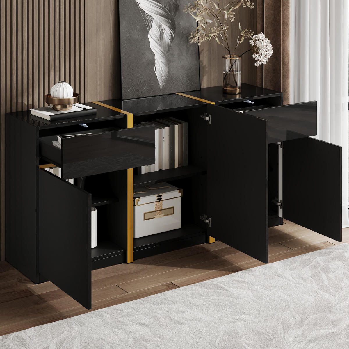 SIDEBOARD Hochglanz 3 Türen 2 Schubladen modern - Schwarz, Holzwerkstoff (40/78/160cm) - FLIEKS