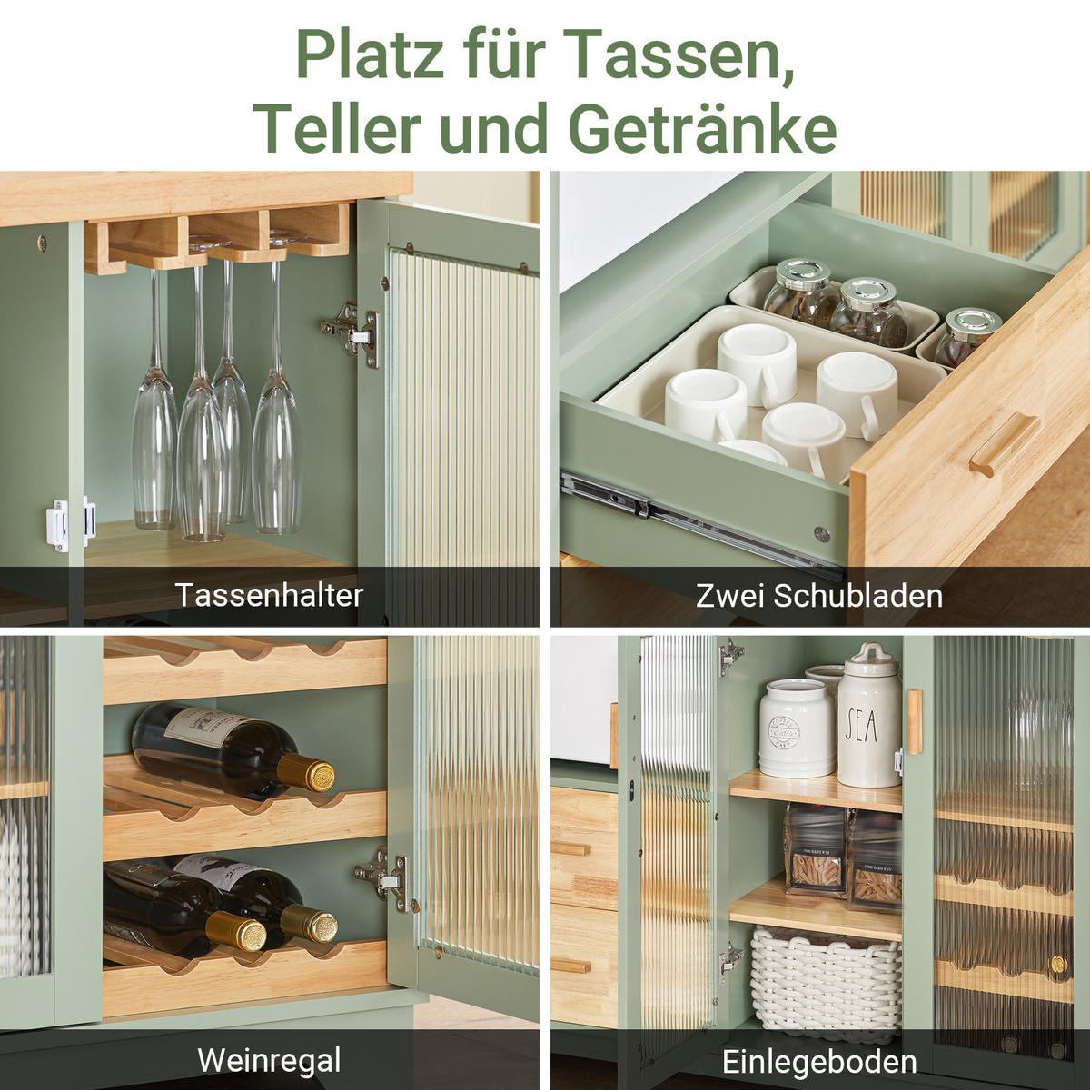 SIDEBOARD Grün, 120 cm breit, Arbeitsplatte aus Gummibaumholz, Glastüren mit Weinglas-Halterung und Flaschenregal, 2 Schubladen - Grün, Glas/Holz (120/90/40cm) - SoBuy