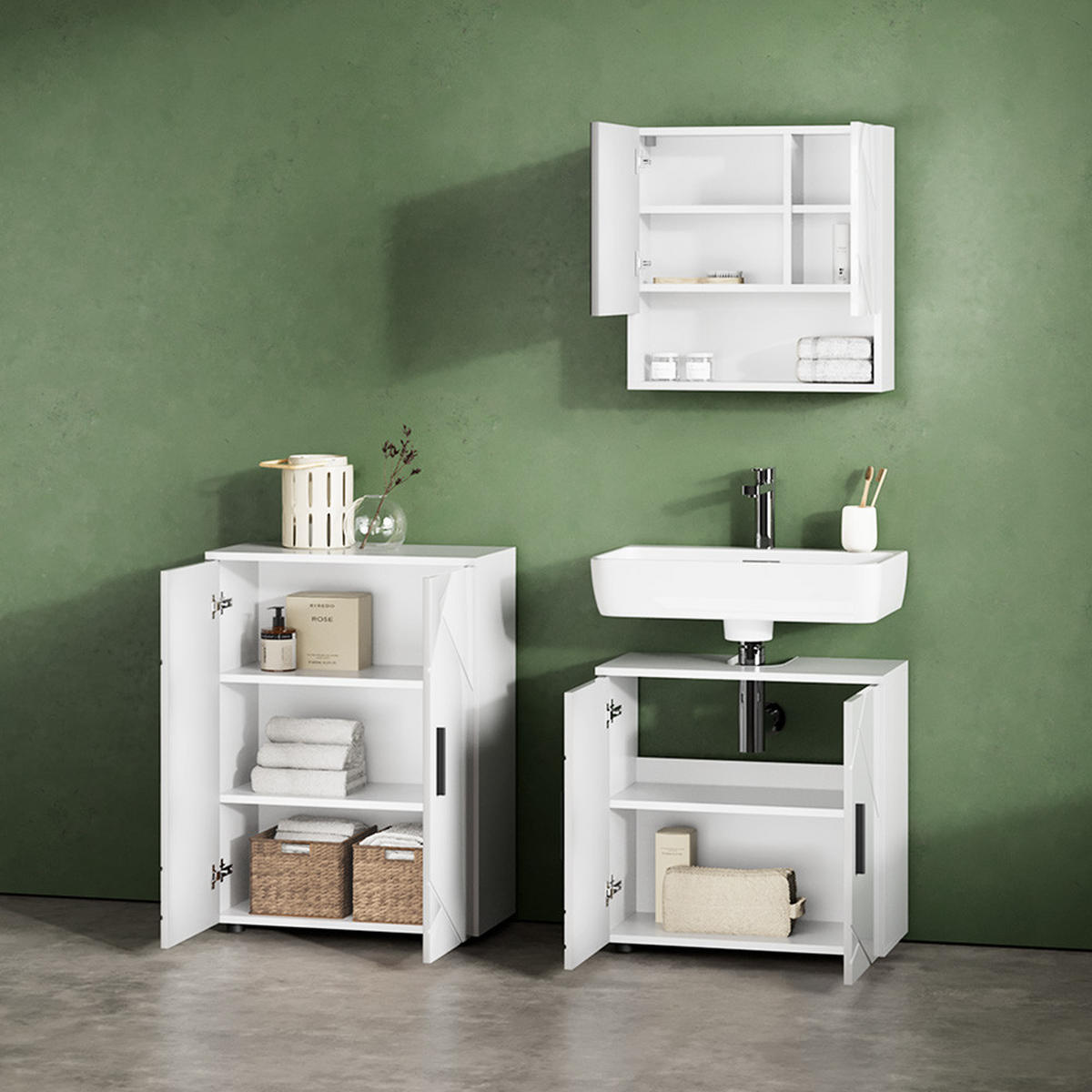 BADMÖBEL-SET Ronco Weiß Hochglanz 3 Teile, mit Unterschrank 60 cm - Weiß Hochglanz/Weiß, Holzwerkstoff (60/59/30cm) - Livinity®