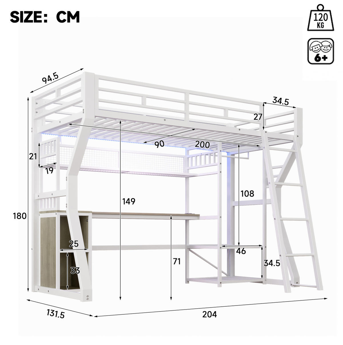 HOCHBETT 90/200 cm aus Metall und MDF mit Lichtleiste, Weiß - Weiß, Holzwerkstoff (90/200cm) - OKMYHOME