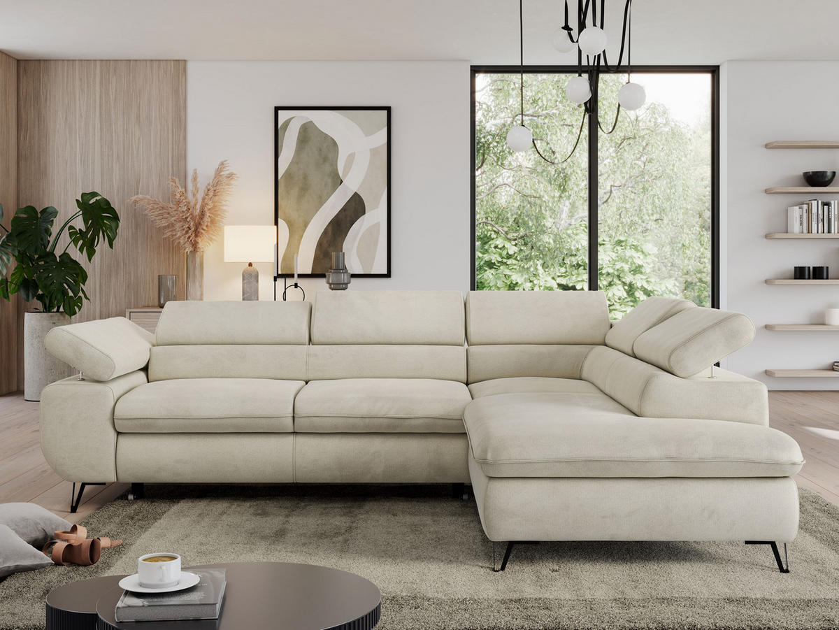 ECKSOFA PEDRO L Beige Velvet - Rechts Seite - Beige/Schwarz, Textil/Metall (273/208cm) - MKS