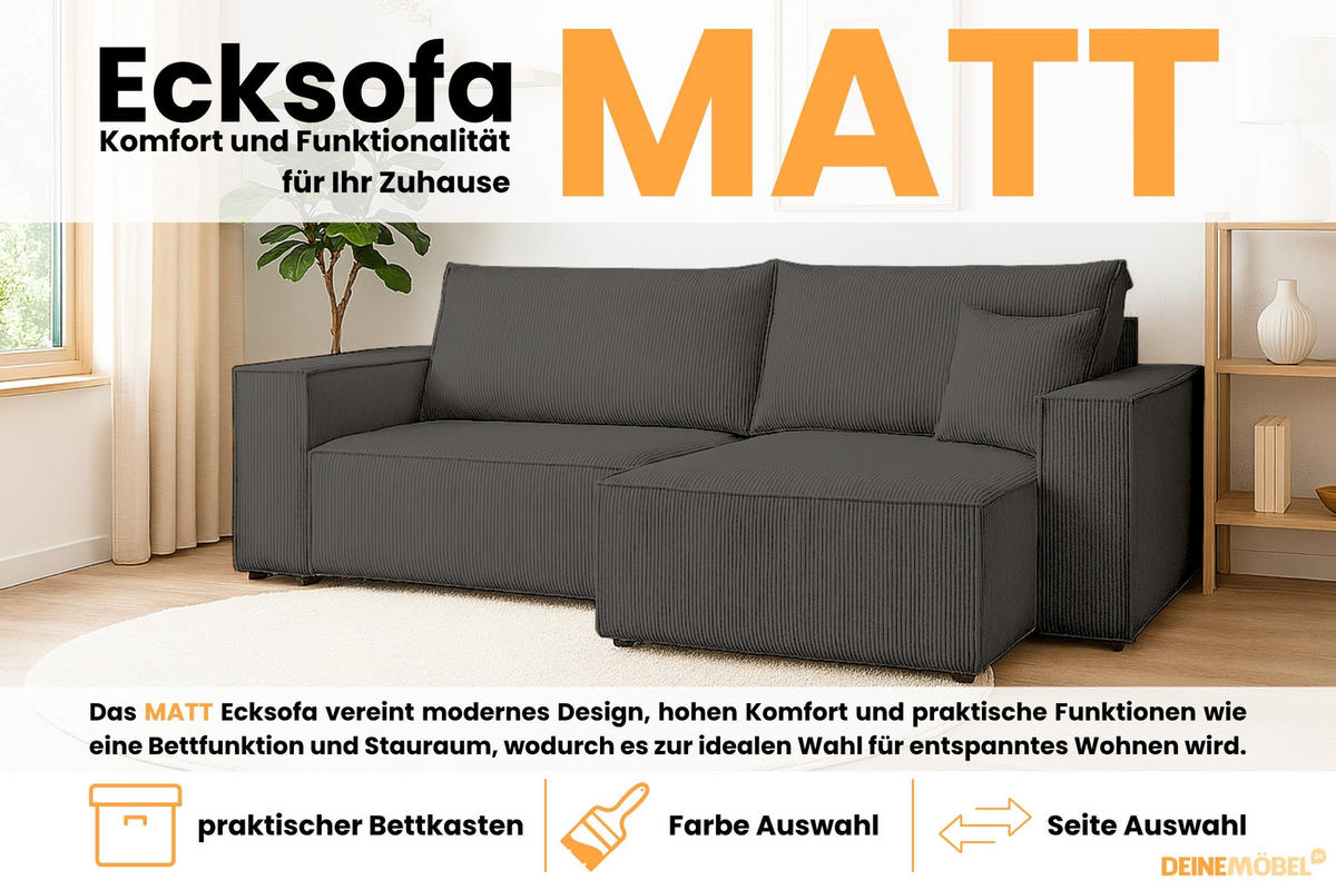 ECKSOFA MATT 255/153 cm rechts in Cord Anthrazit - Anthrazit/Schwarz, Holz/Holzwerkstoff (255/153cm) - Deine Möbel 24