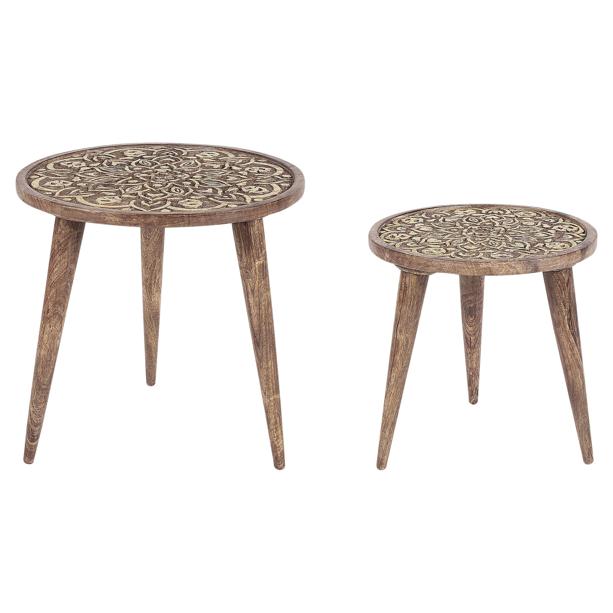 BEISTELLTISCH 2er-Set Mangoholz dunkelbraun/gold rund Ranja - Dunkelbraun/Goldfarben, Holz (37/37/37cm) - Beliani