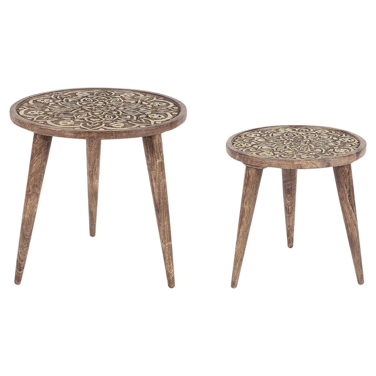 BEISTELLTISCH 2er-Set Mangoholz dunkelbraun/gold rund Ranja - Dunkelbraun/Goldfarben, Holz (37/37/37cm) - Beliani