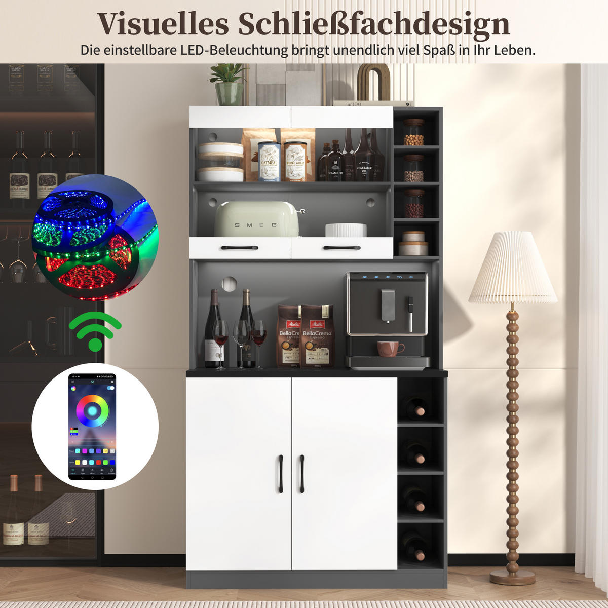 BUFFET Aufbewahrungsschrank 100x47x187cm Weiß mit Glas & LED Beleuchtung - Weiß, Holzwerkstoff (47/187/100cm) - Modfu