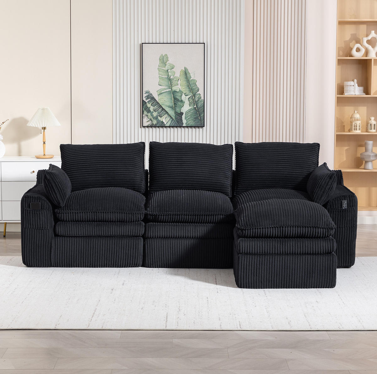 SOFA modular mit Hocker ca. 263 x 167 x 85 cm Cord Schwarz - Schwarz, Kunststoff (167/263cm) - Meubliv