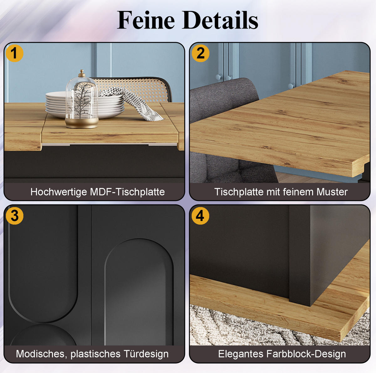 AUSZIEHBARER Esstisch aus MDF mit Stauraum, 110-140/80/76 cm, Schwarz - Schwarz, Holzwerkstoff (110/80/76cm) - Redom