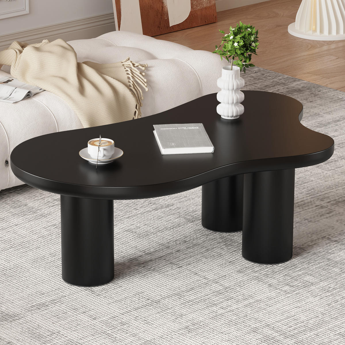 COUCHTISCH 107/66/40,5 cm in Schwarz mit MDF-Tischplatte in Wolkenform - Schwarz, Holzwerkstoff (107/66/40.5cm) - Flora Grace