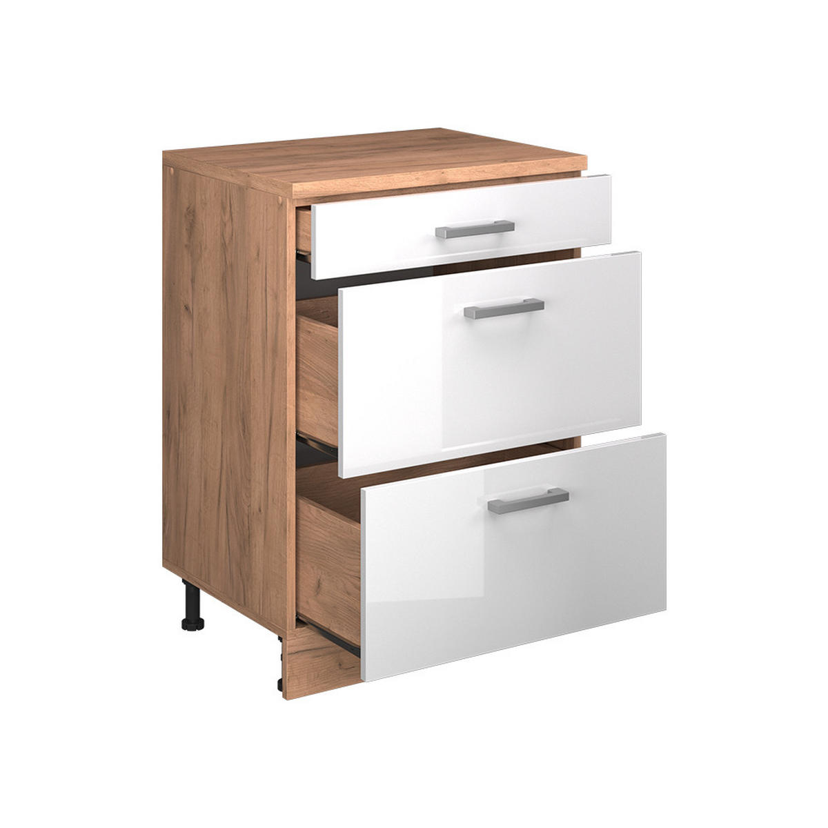 KUHINJSKA OMARA ZA POŠEVNE STREHE R-Line, Bela visok sijaj, 60 cm brez naklona z 3 predaloma - bela/medeni hrast, leseni material (60/83.8/46cm) - Vicco