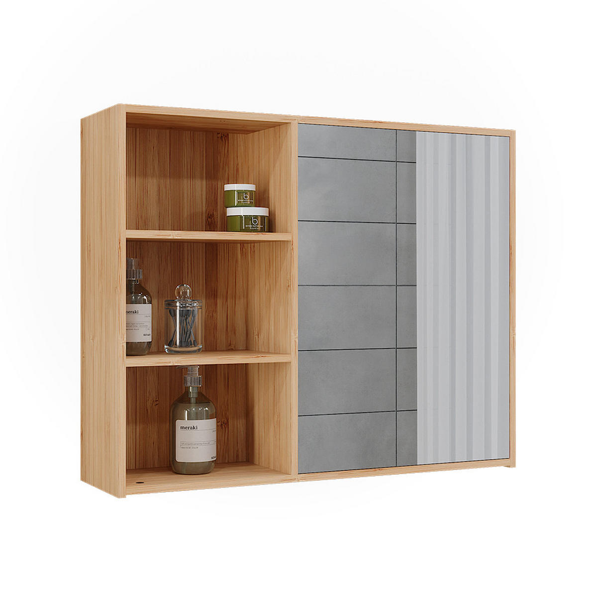 BADSPIEGELSCHRANK Lucie Bambus 74 x 60 cm mit 3 offenen Fächern - Grün, Holzwerkstoff (74/60/20cm) - Vicco