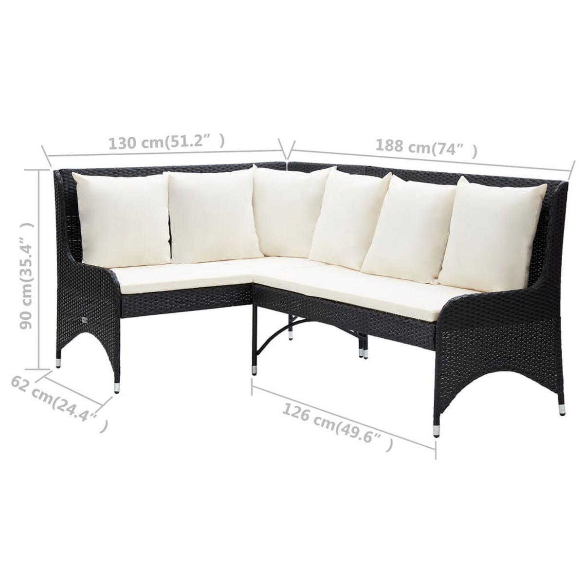 ECKSOFA mit Cremeweißen Kissen, 188/130/90 cm, aus Poly Rattan, Schwarz - Schwarz, Kunststoff (130/90/62cm) - vidaXL