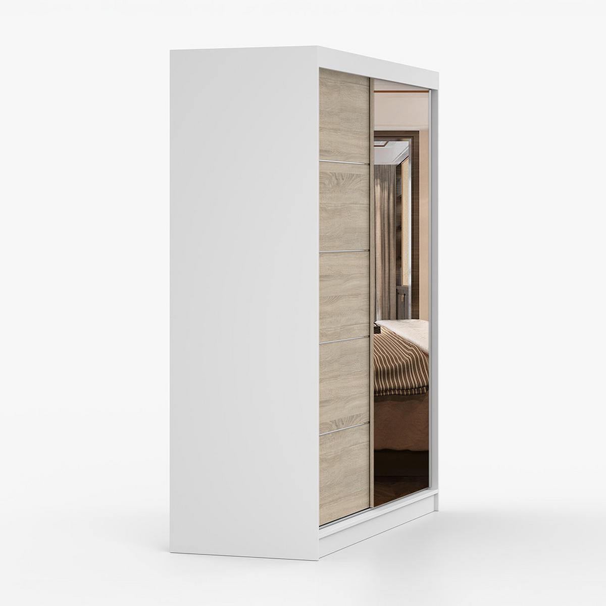 SCHWEBETÜRENSCHRANK Bono 05 Weiß/Sonoma Eiche mit Spiegel 160 cm - Alufarben/Weiß, Glas/Holzwerkstoff (160/195/61cm) - imoebel24