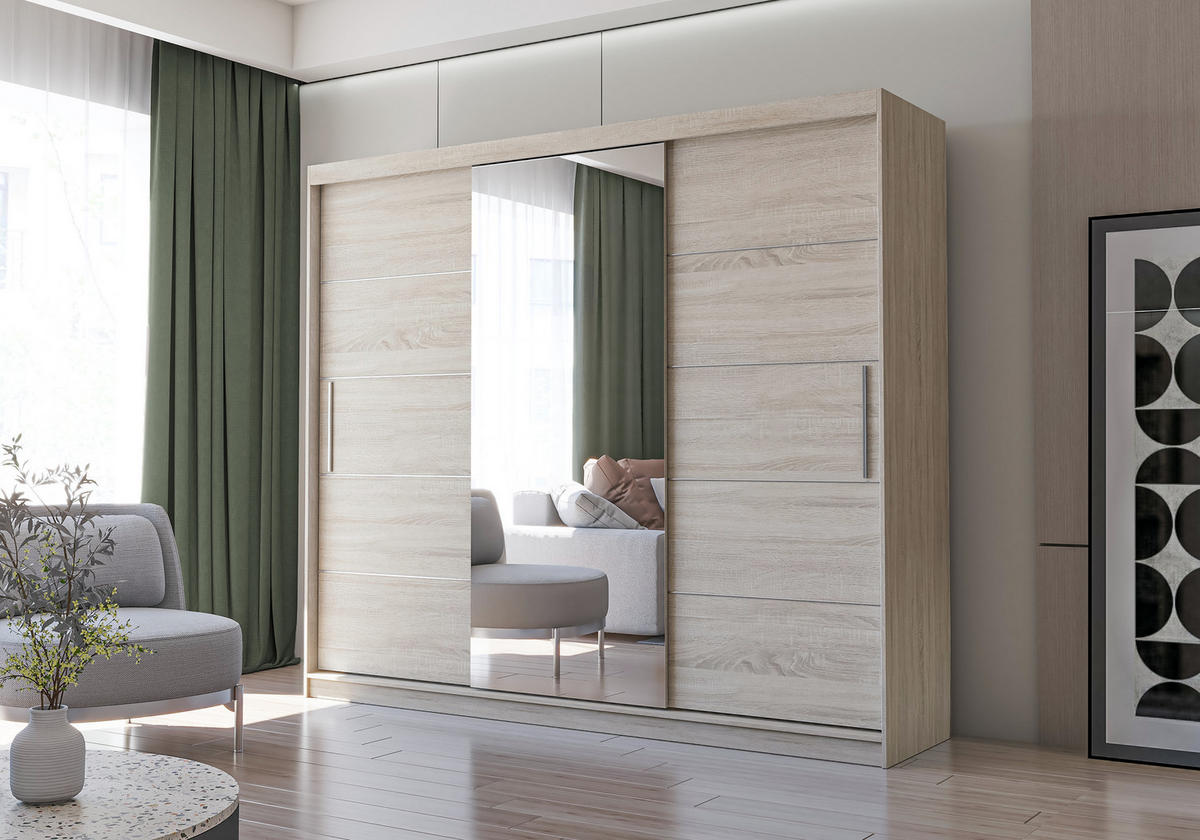 SCHWEBETÜRENSCHRANK Alba Sonoma Eiche/Sonoma Eiche + Spiegel, ohne LED Beleuchtung 250 cm - Alufarben/Sonoma Eiche, Glas/Holzwerkstoff (250/218/61cm) - imoebel24