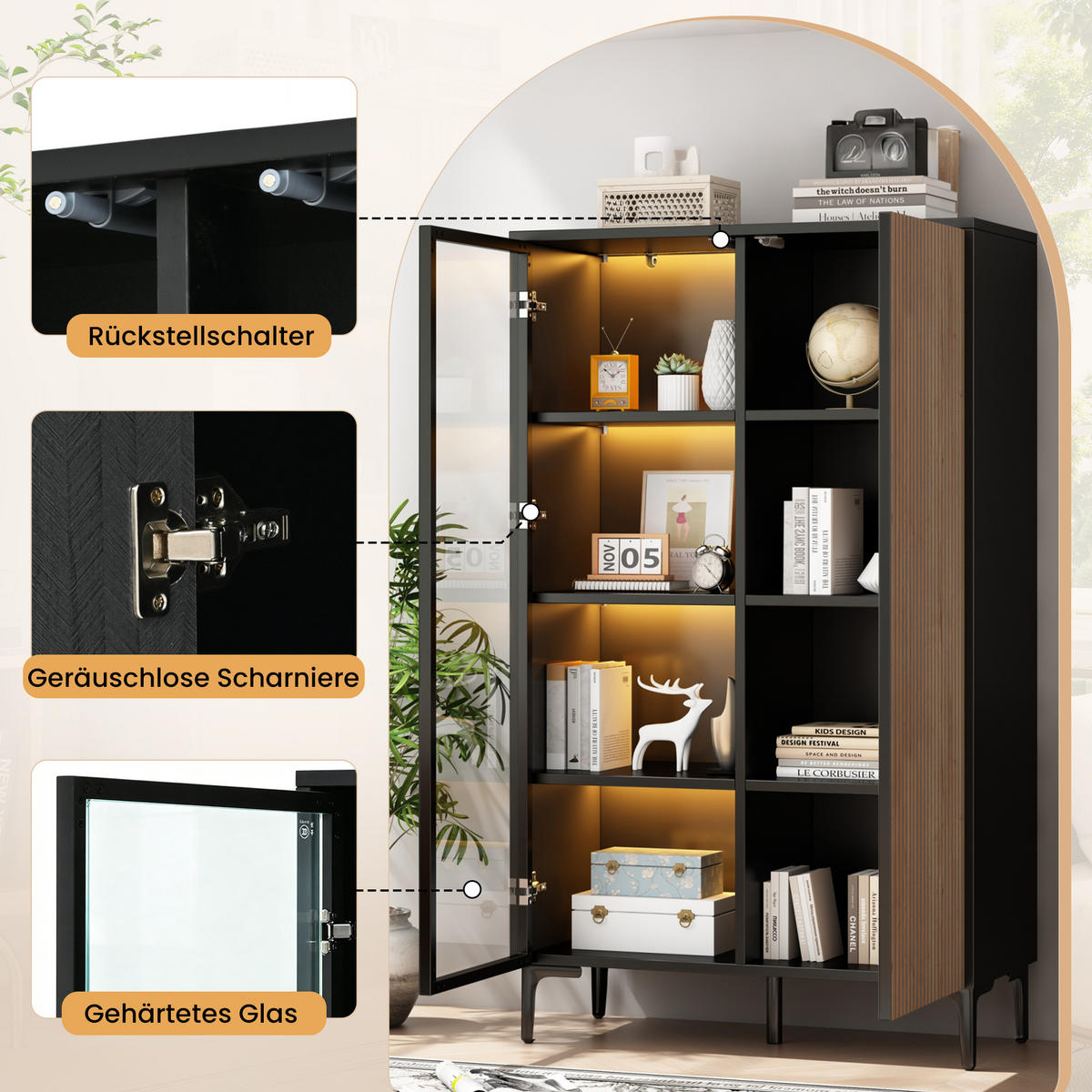VITRINE 90×40×135cm Schwarz mit 2 Türen und Glastür - Schwarz/Naturfarben, Holzwerkstoff (90/135/40cm) - FLIEKS