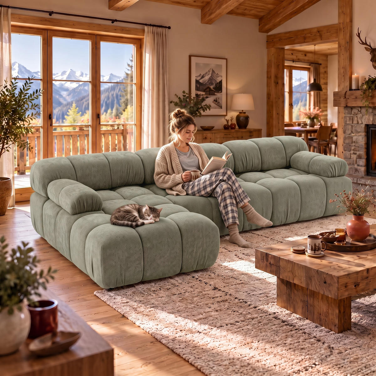 MODULARES Ecksofa MOMENTUM L, Links, Breite 282 cm, strukturierter Stoff, Grün - Chromfarben/Grün, Holz/Textil (282/155cm) - Muffo