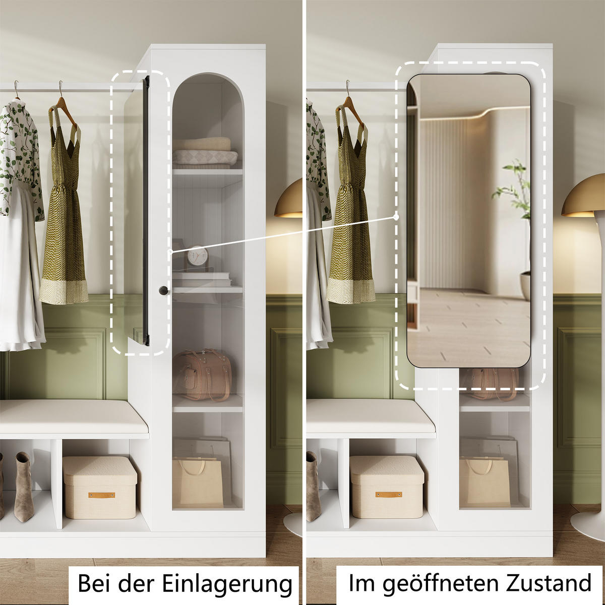 DIELENGARDEROBE 163/50/161 cm in Weiß mit Spiegel, Schuhschrank und Sitzbank - Weiß, Holzwerkstoff (163/161/35cm) - BEAOK