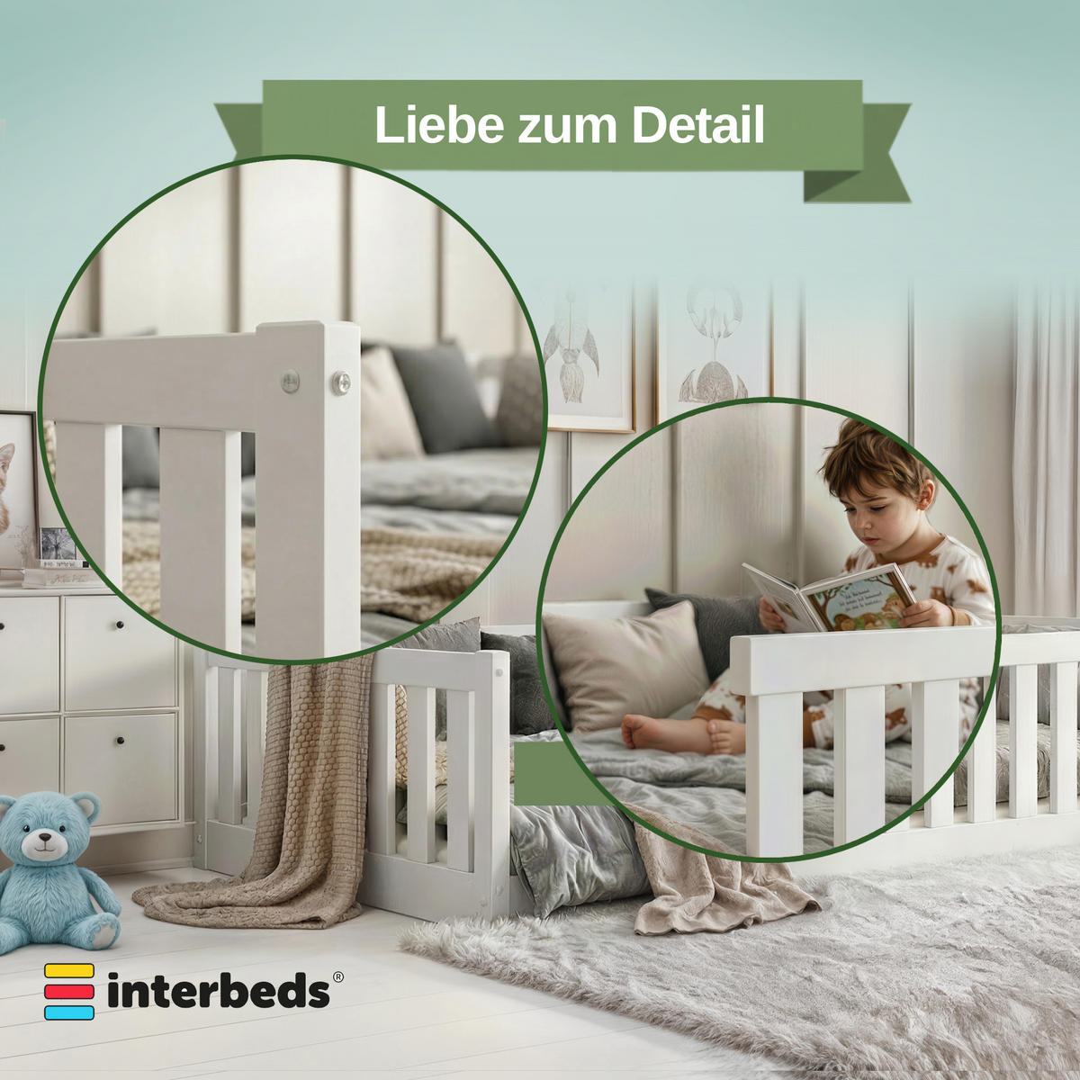 INTERBEDS Bodenbett Bella 120x200 mit Rausfallschutz & Lattenrost Kinderbett aus Holz - Weiß, Holz (120/200cm) - Interbeds