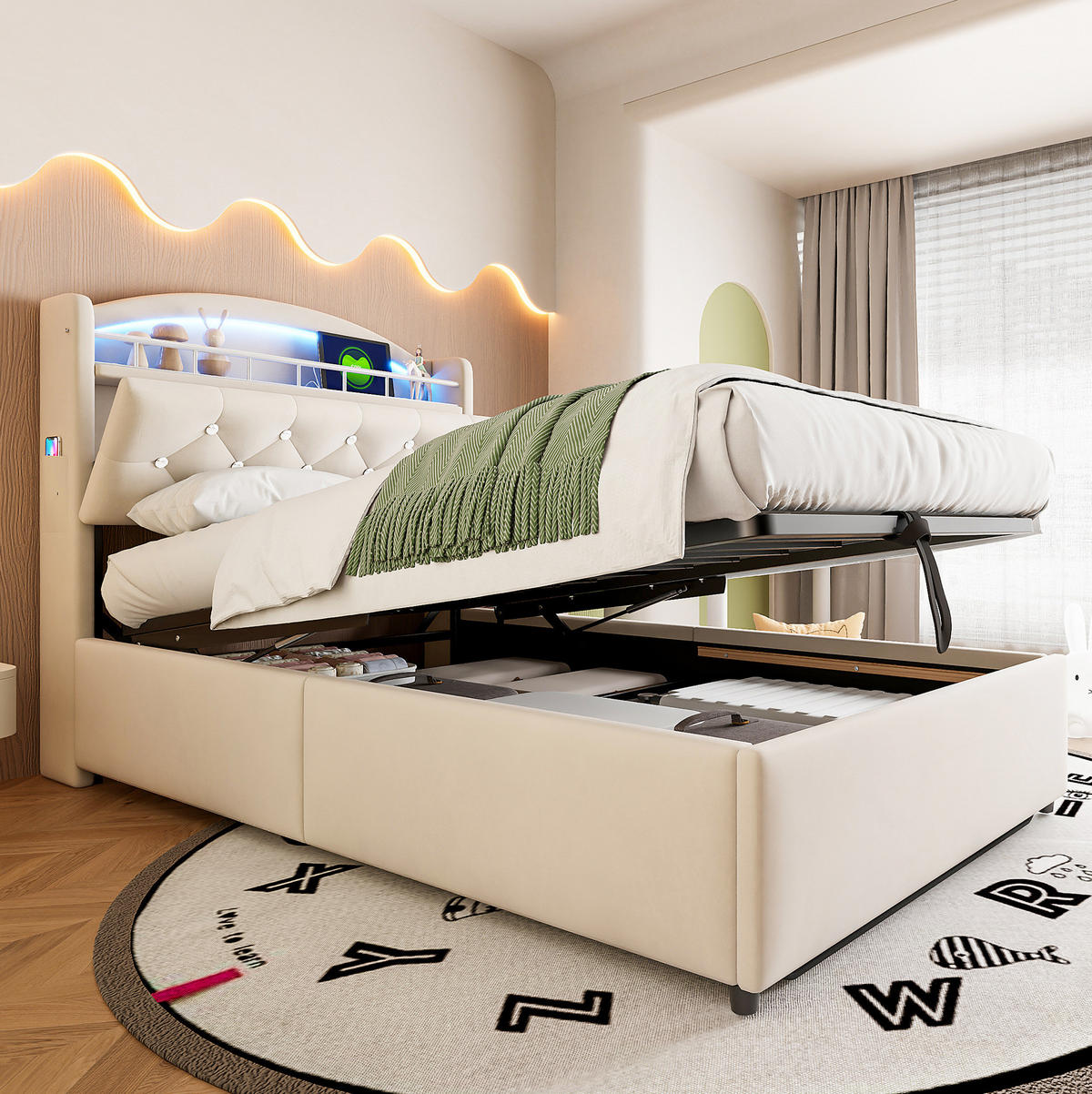 KINDERBETT 90/200 cm mit LED-Beleuchtung, USB-C, Bettkasten und Samtbezug, Beige - Beige, Textil (90/200cm) - Redom