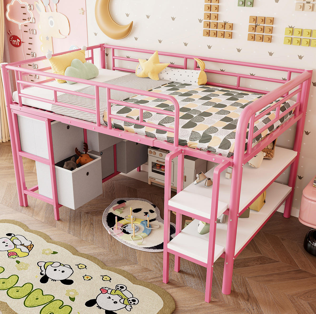 HOCHBETT aus Metall 90x200 cm in Rosa mit Treppe & Stauraum - Rosa, Metall (90/200cm) - Modfu