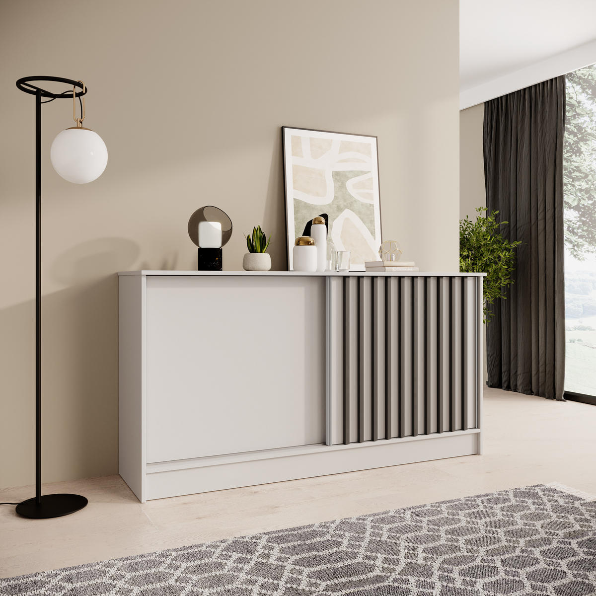 KOMMODE Horizon mit 2 Schiebetüren, Weiß, 160 cm - Schwarz/Weiß, Holzwerkstoff (161/85/43.5cm) - Beautysofa