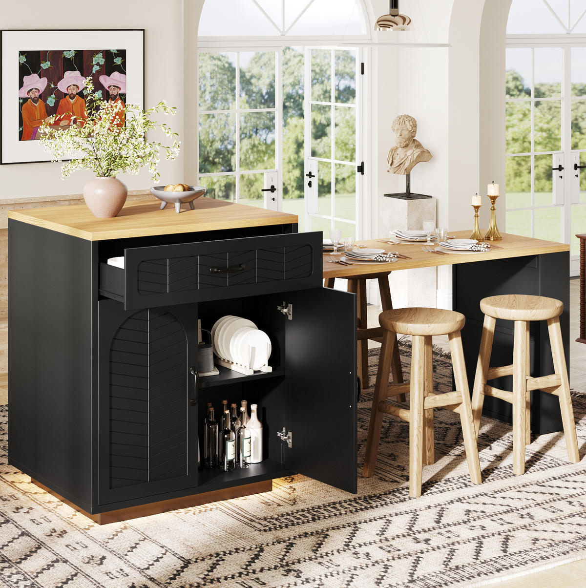KÜCHENINSEL 80/70/95,5 cm schwarz aus MDF mit Ausziehtisch - Schwarz, Holzwerkstoff (80/95.5/70cm) - OKWISH