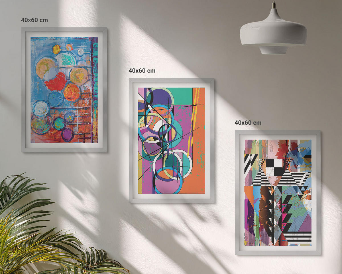 WANDBILDER 3er Set - 40x60 cm Silberner Rahmen - Bunte abstrakte Kreise Geometrie - Silberfarben, Kunststoff (40/60cm) - ArtPrintCave