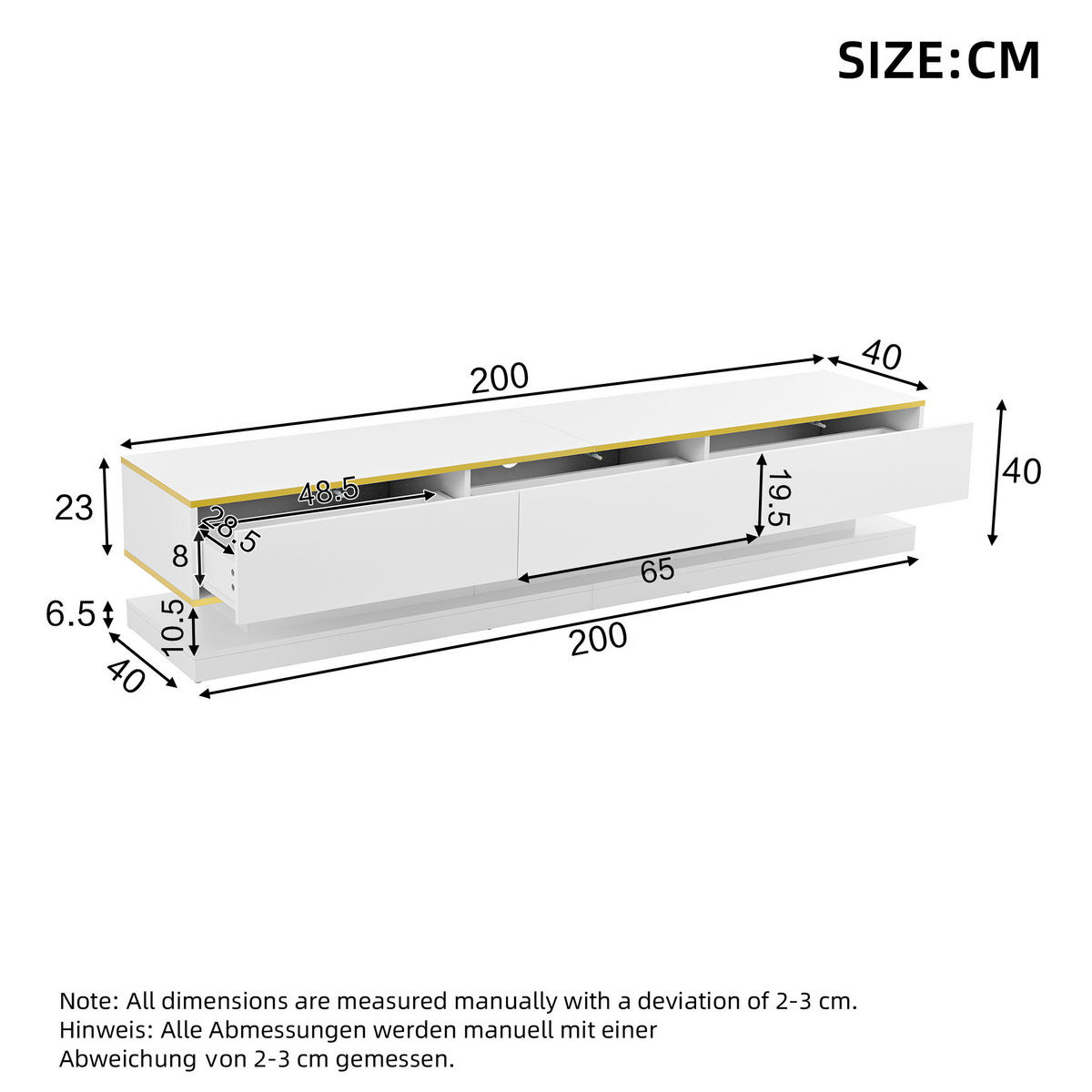 TV-SCHRANK 200x40cm Lowboard 3 Schubladen Hochglanz Weiß goldene Kante - Weiß, Holz (50.5/14/112.5cm) - FLIEKS
