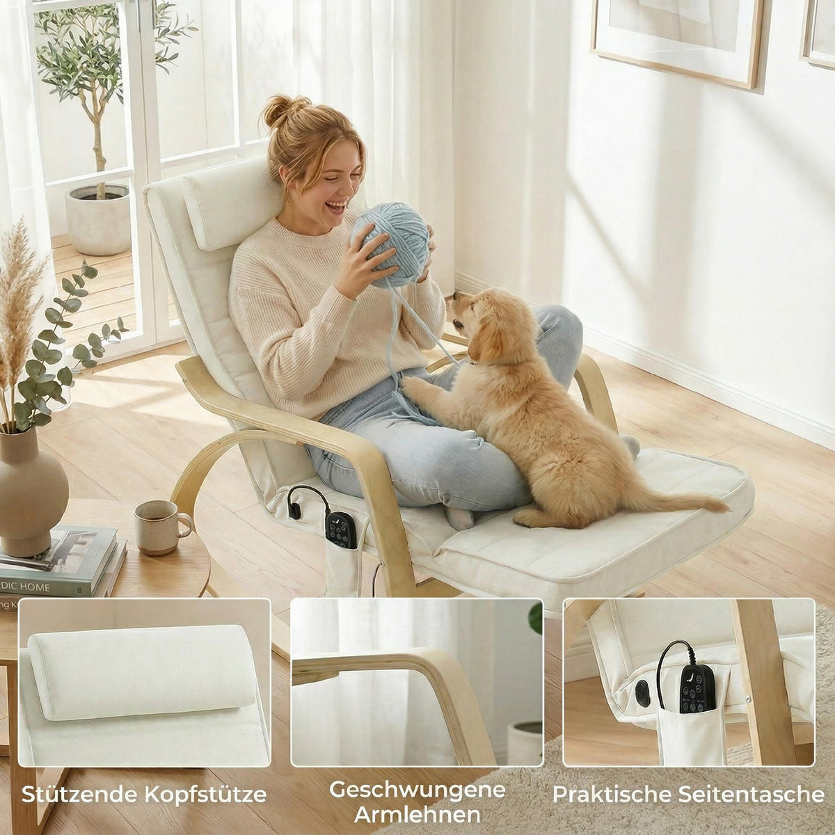 SCHAUKELSTUHL DE-07601 mit Massage, Heizung und verstellbarer Kopf- & Fußstütze Cremeweiß - Creme, Textil (67/92/106cm) - ComfortXL