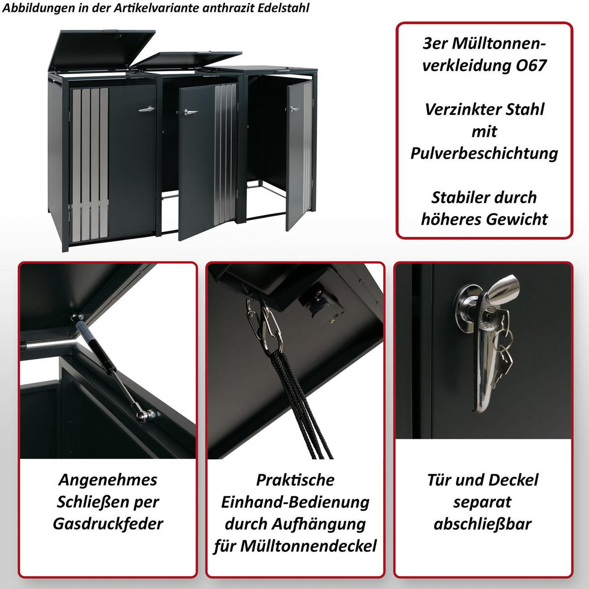 3ER-MÜLLTONNENVERKLEIDUNG Anthrazit, Dunkelbraun - Anthrazit/Dunkelbraun, Metall (200/122/84cm) - MCW