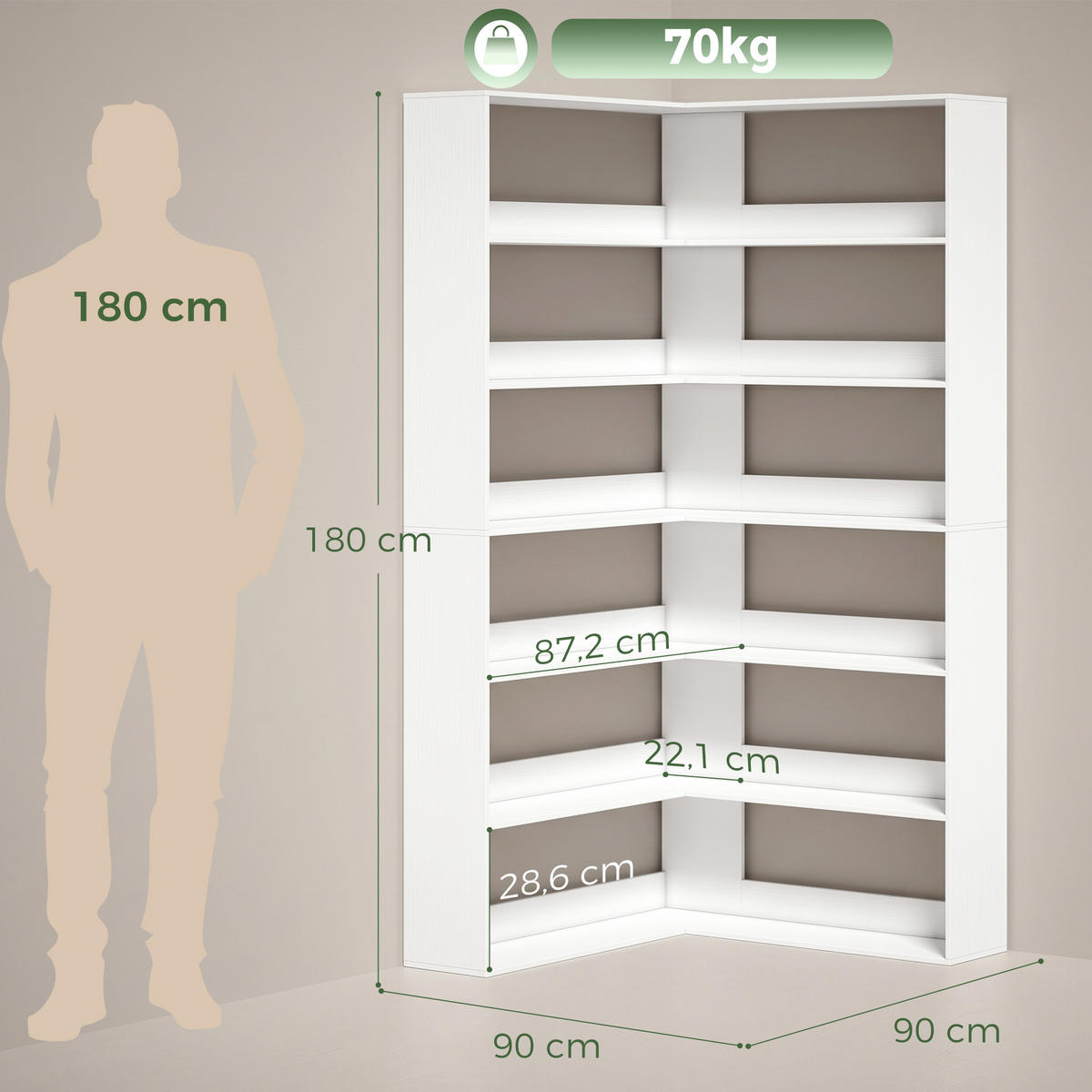 BÜCHERREGAL Spanplatte Weiß - Weiß, Holzwerkstoff (90/180/90cm) - HOMCOM